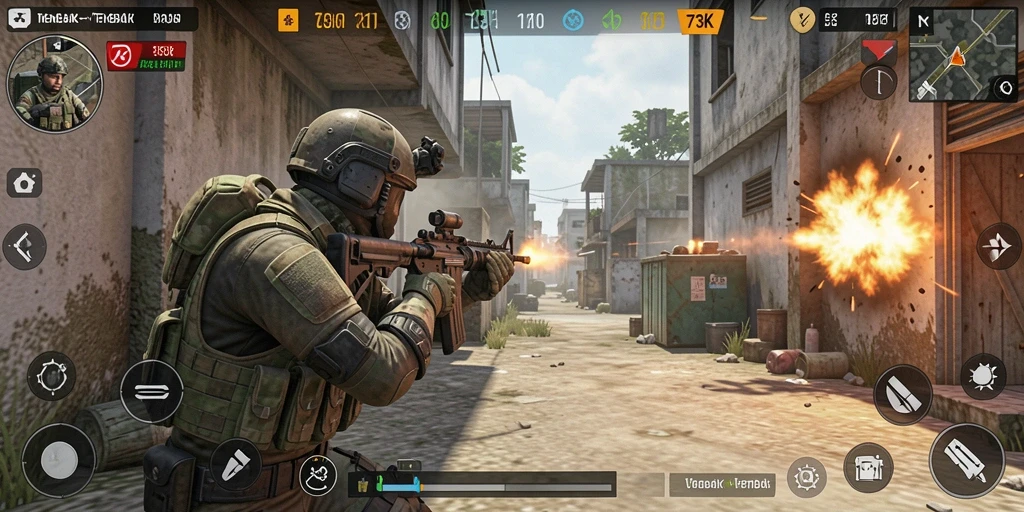 Screenshot gameplay 73K dengan aksi tembak-menembak yang intens.