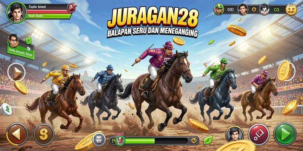 Screenshot gameplay dari JURAGAN28 menunjukkan aksi balapan seru.