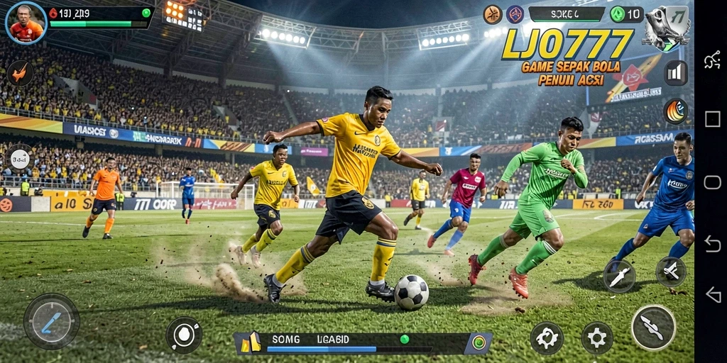 Screenshot LJO777 menampilkan aksi seru dalam permainan sepak bola.