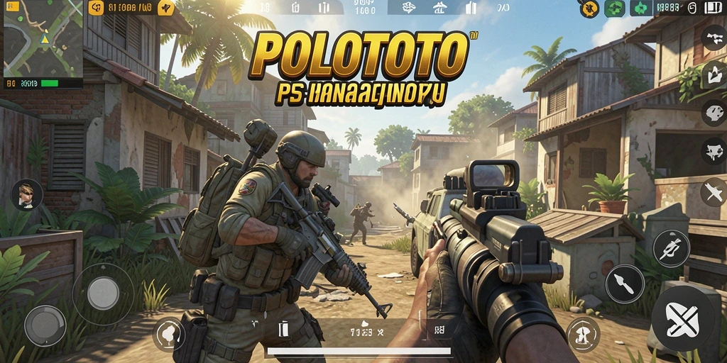 Screenshot POLOTOTO menampilkan aksi pertempuran epik FPS.