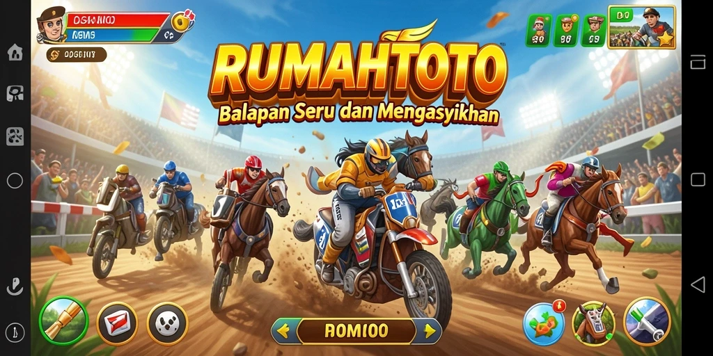 Tampilan gameplay RUMAHTOTO dengan mobil balap di trek yang menantang.