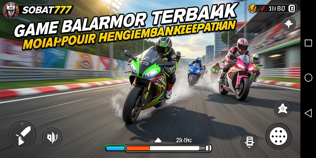 Tampilan gameplay seru dari SOBAT777 dengan balapan motor yang mendebarkan.