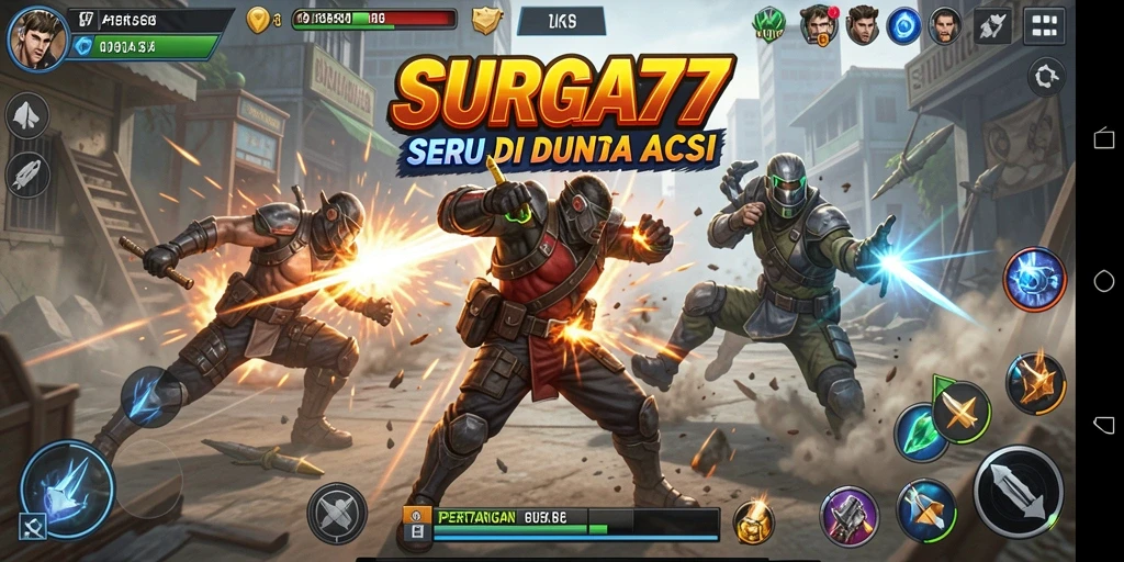 Tampilan gameplay aksi mendebarkan di SURGA77 dengan karakter dan lokasi yang menarik.